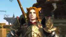 Final Fantasy 14 Vesper Bay: a cat boy in gold armor with long ginger hair