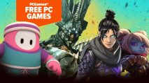 Free pc games: fall guys, savathun, apex legends, and league of legends characters across a green and yellow gradient background