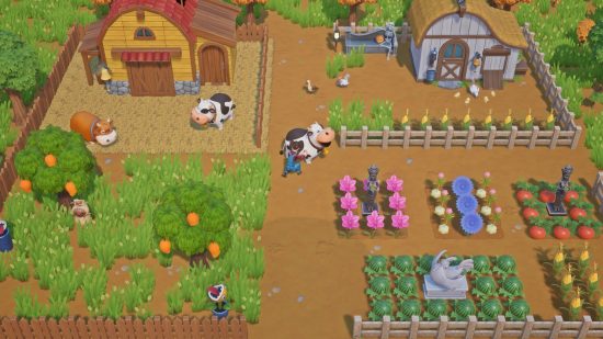 A farmer tends to their cow in Coral Island, one of the best games like Stardew Valley.