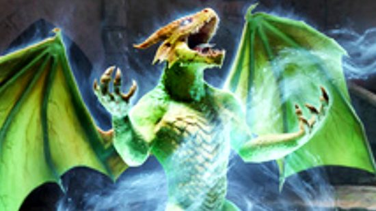 Geneforge 2 - An emerald dragon rears up as lightning washes over its body.