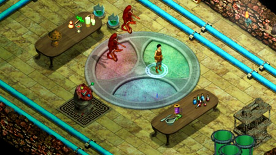 Geneforge 2 Infestation - A top-down view of a character standing in a large room with numerous colorful objects on surrounding tables.