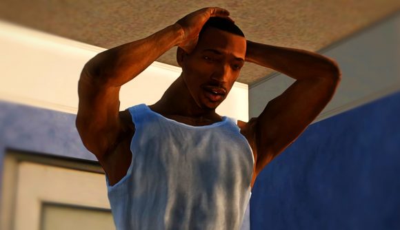 CJ, the protagonist from Grand Theft Auto: San Andreas, stands with a shocked expression, hands behind his head