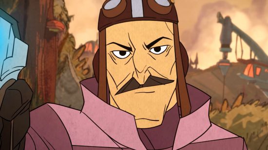 Griftlands is a fantastic RPG going cheap - Rook, a man with a moustache wearing a flight helmet, holds up a sci-fi handgun.