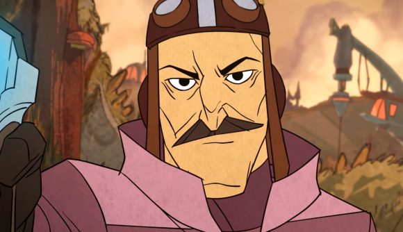 Griftlands is a fantastic RPG going cheap - Rook, a man with a moustache wearing a flight helmet, holds up a sci-fi handgun.