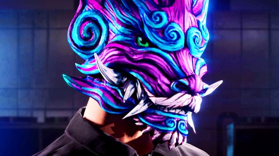 GTA Online money free - A person wearing a black shirt adn a purple-and-blue dragon mask in the Rockstar Games online mode for GTAV.