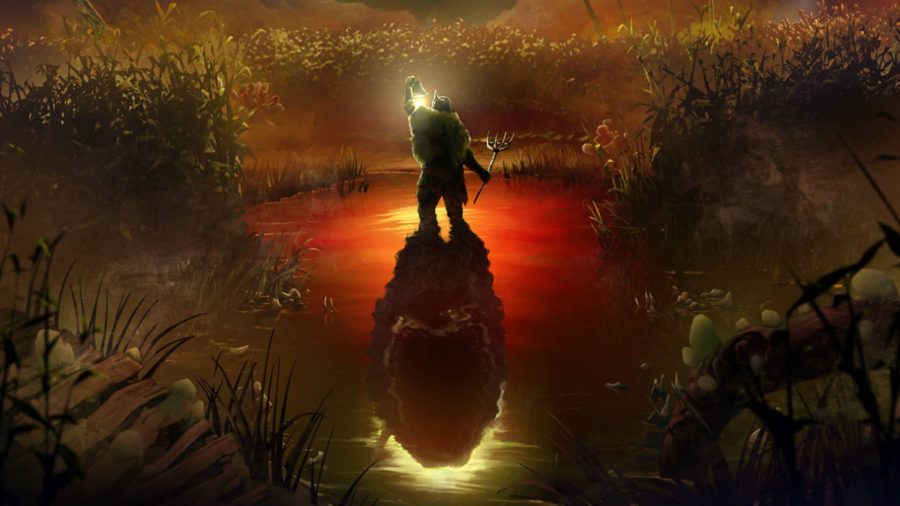 A shadowy figure stands in a swamp, knee deep in water, holding up a lantern to show a field of wheat
