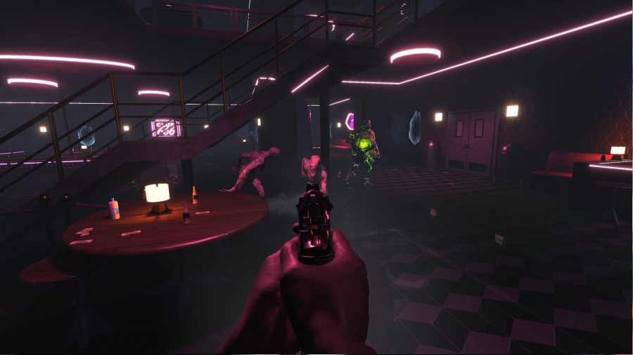 Hellbreach: Vegas - The player holds up a pistol as demons approach them in a casino.