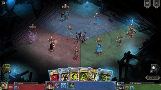 Hellcard co-op - three heroes stand back to back in a circle as monsters approach from all sides.
