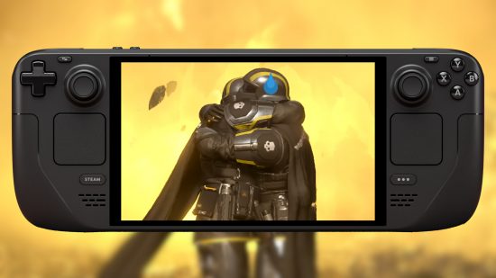 Two soldiers in Helldivers 2 hugging one another against a flaming background, on a Steam Deck