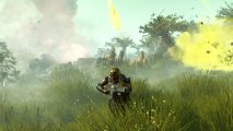 Helldivers 2 Game Pass: a soldier is running away from a barrage of bright green alien ordinance exploding around them and from three alien arachnids.