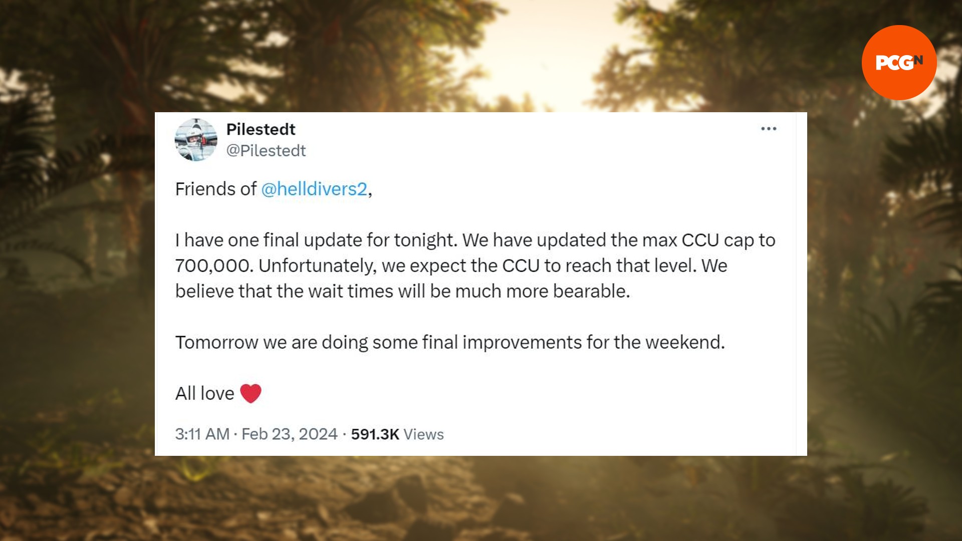 Una publicación del CEO de Helldivers 2 sobre el límite actual del servidor del juego.
