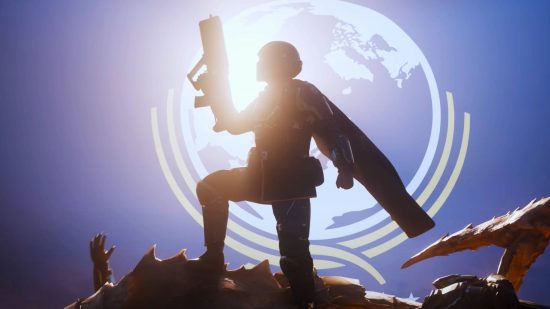 Helldivers 2 gets much-needed server fix, but it's not perfect: A military figure holding a huge gun wearing a cape stands on top of a pile of dead bugs, raising their gun as the sun illuminates them from the back, a huge white earth flag behind them on a blue background