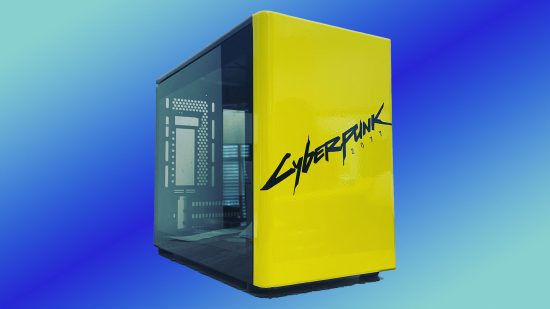 How to vinyl wrap your PC case: Case with yellow vinyl front panel and Cyberpunk 2077 logo