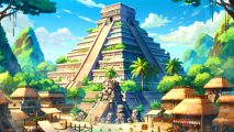 Kingdoms Reborn Echoes of the Sun Stone - A Aztec-style pyramid rises up among houses and other buildings.