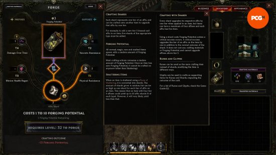 Last Epoch crafting - a help window explains the systems as the player upgrades an item in the forge.