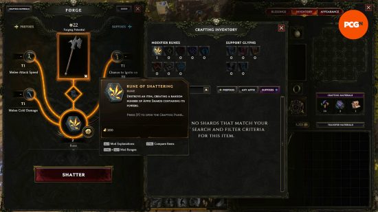A player is about to use a Rune of Shattering at the Last Epoch crafting forge to destroy a weapon and get some affix shards.