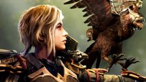 The Last Epoch Falconer makes Diablo 4's Necromancer look dull - A blonde-ahired woman looks up at an armored falcon flying in to perch on her arm.