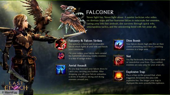 Last Epoch Falconer skills - A chart showing each of the skills for the Rogue mastery, presented by Maxroll.