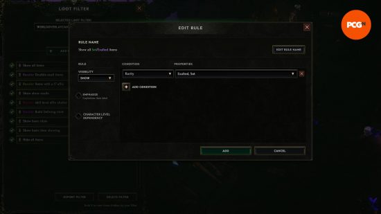 An example Last Epoch loot filter that enables only Set and Exalted rarity items to show.