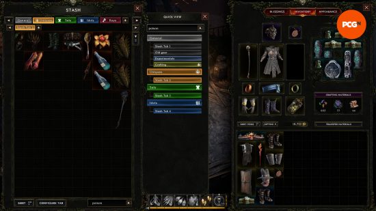 Last Epoch stash tabs - The storage system, offering up to 200 tabs that you can recolor, rename, and reorganize into distinct 'folders' for better inventory management.