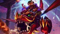 League of Legends is being ruined by teleporting Corkis, Riot responds: A small man with a lon beard and red goggles riding a rocket shaped like a Chinese dragon with green eyes as fireworks explode in the background