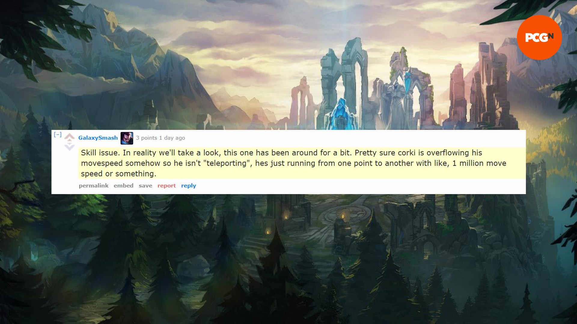 A comment from a Riot Games developer discussing a Corki bug that allows him to travel quickly