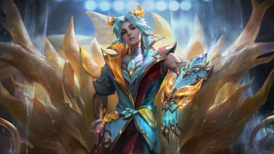 League of Legends event passes somehow just got worse: An attractive Asian man with blue hair wearing an aqua jacket made of scales stands in front of a huge golden crystal, orange horns poking out from his hair