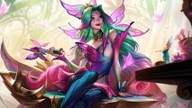 League of Legends' most controversial champion is changing, again: A green haired woman sitting on a stage holding a microphone that looks like a butterfly, smiling with fairy-like wings