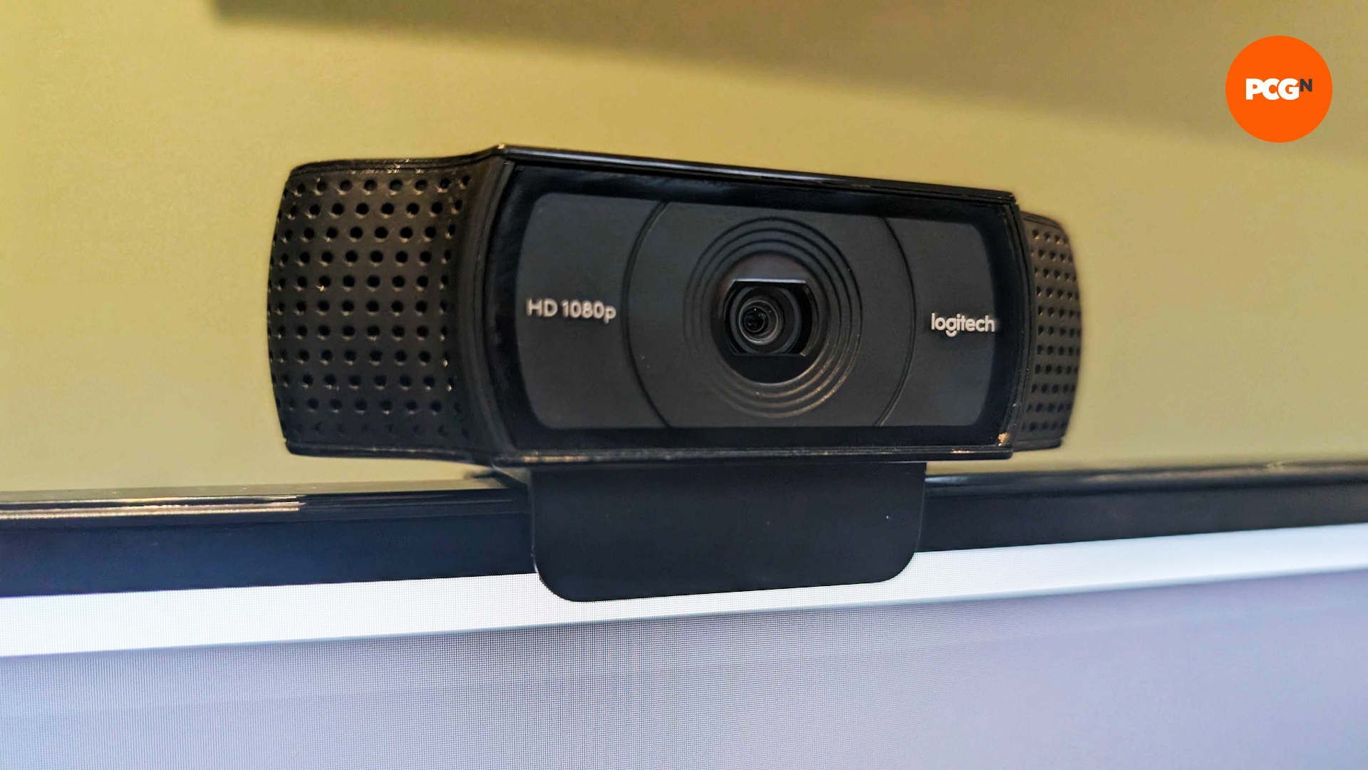 The Logitech C920 HD Pro webcam on top of a PC monitor