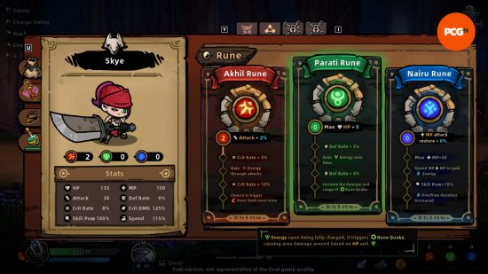 Lost Castle 2 - The runes screen, showing buffs to the player's stats.