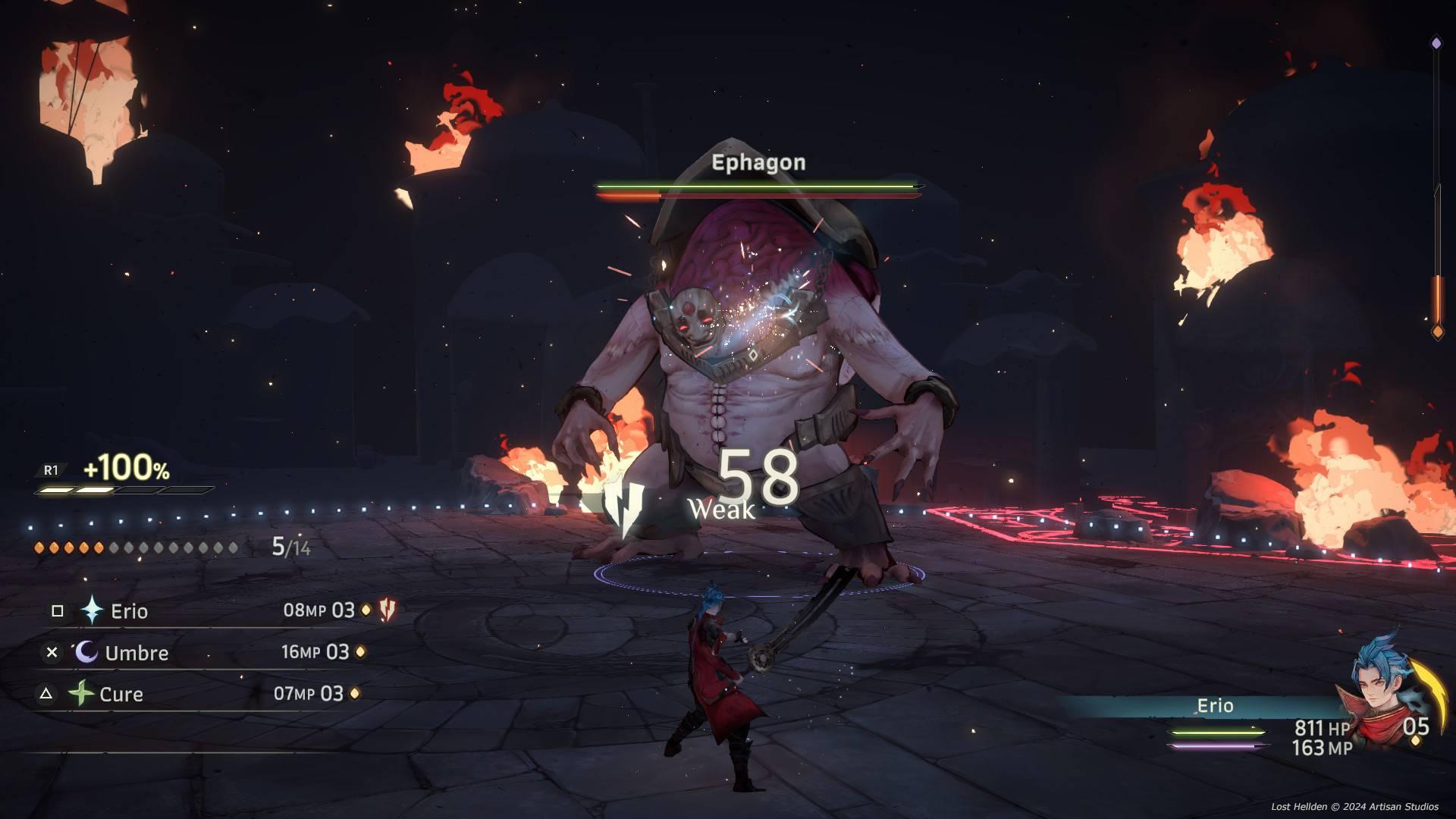 An animated character fighting a hulking boss creature in a dark, firey arena