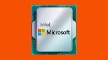 An Intel LGA 1700 CPU, with a Microsoft logo superimposed on its IHS