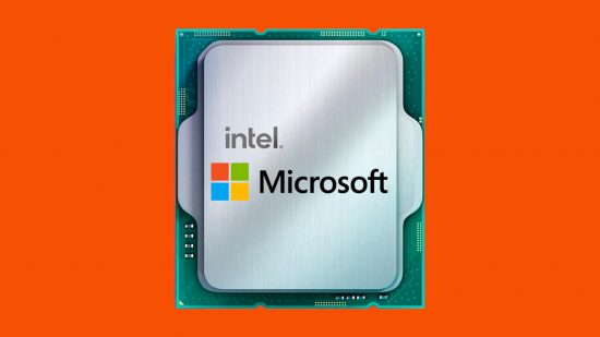 An Intel LGA 1700 CPU, with a Microsoft logo superimposed on its IHS