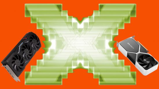 A DirectX logo surrounded by an AMD (left) and Nvidia (right) GPU