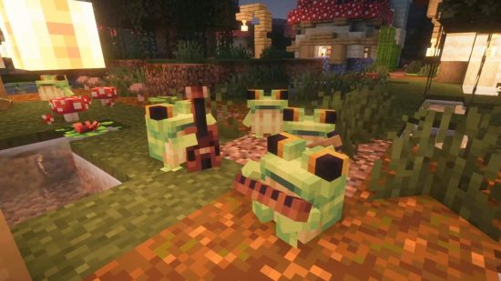 Four cute little Minecraft frogs play musical instruments in Ribbits, one of the best Minecraft mods.