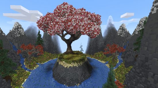 A giant pink and white custom tree built in Lovercraft, one of the best Minecraft servers.