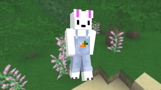 A cute bunny Minecraft skin wearing denim overalls with a carrot on the front.