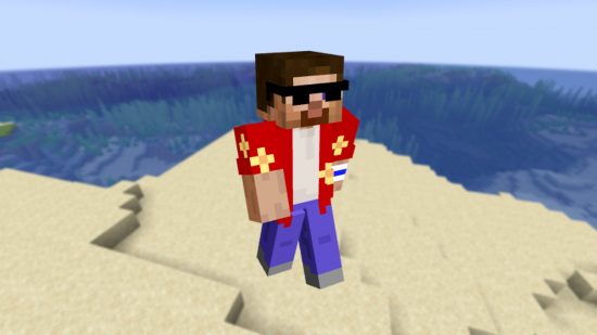 A Minecraft Steve skin in which he is wearing blue jeans, a red Hawaiian shirt, and sunglasses.