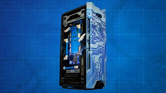A mini ITX with a blue and white front panel on a blueprint background