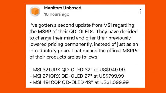 Preise für MSI QD-OLED-Gaming-Monitore 2024 Tweet