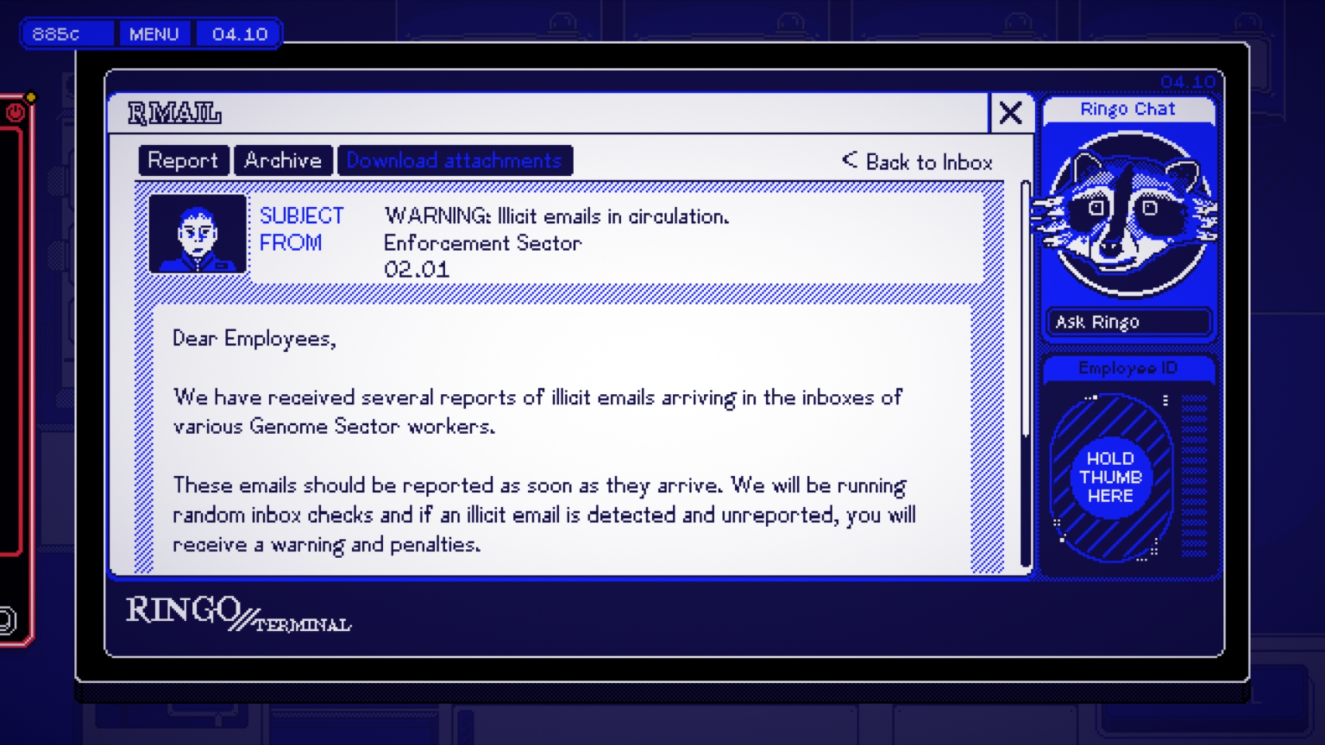 Indie game, CorpoNation screenshot showing an email from the enforcement sector.