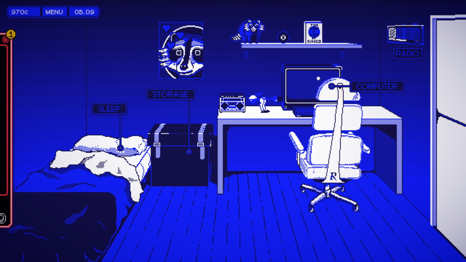 Indie game, CorpoNation screenshot showing a dismal blue apartment with corporate posters on the wall, a bed, and a gaming chair at a desk.