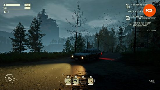 A battered station wagon idles on a dirt road in the Exclusion Zone, its headlights illuminating the dusk in Pacific Drive, one of the best new PC games.
