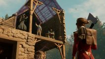 Nightingale multiplayer: a man dressed in red, holind gn axe, monitoring the construction of a building.
