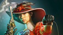 Nightingale giveaway: a woman holding a lamp in one hand, a pistol in the other, and sporting a giant red hat.
