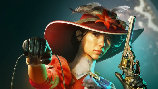 Nightingale preview: a woman holding a lamp in one hand, a pistol in the other, and sporting a giant red hat.