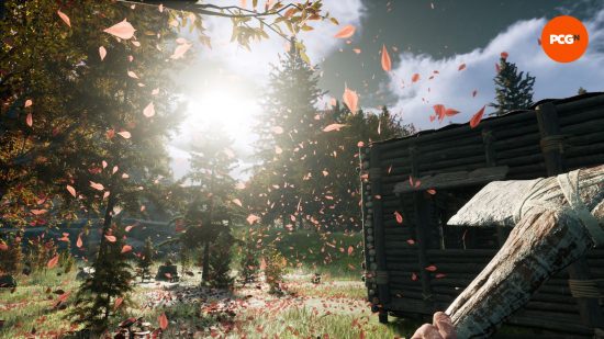 Nightingale preview: a person hlding an axe as colorful leaves fall around them.