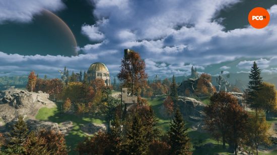 Nightingale preview: a beautiful vista, with an ancient tower in the distance.