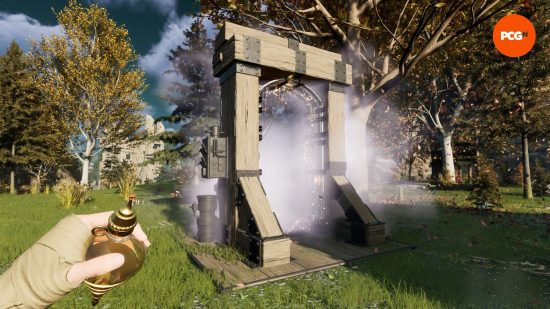 Nightingale preview: a wooden structure that is generating a portal.