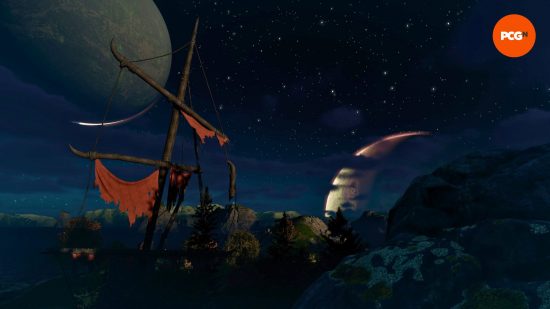 Nightingale preview: a nighttime vista, with two moons visible and the mast of a beached ship.